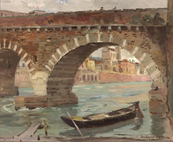 A Boat Moored Near A Bridge by Colin Campbell Cooper