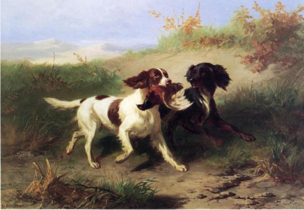Two Spaniels In A Landscape by Condradyn Cunaeus