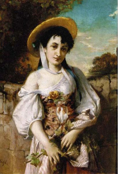A Young Beauty With Harvested Grapes In Her Apron by Conrad Kiesel