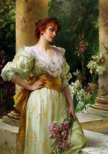 Woman In White Holding Irises by Conrad Kiesel
