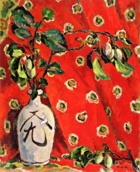 Still Life With A Fruit Tree Branch In Gray Bottle On Red Background by Conrad Meili