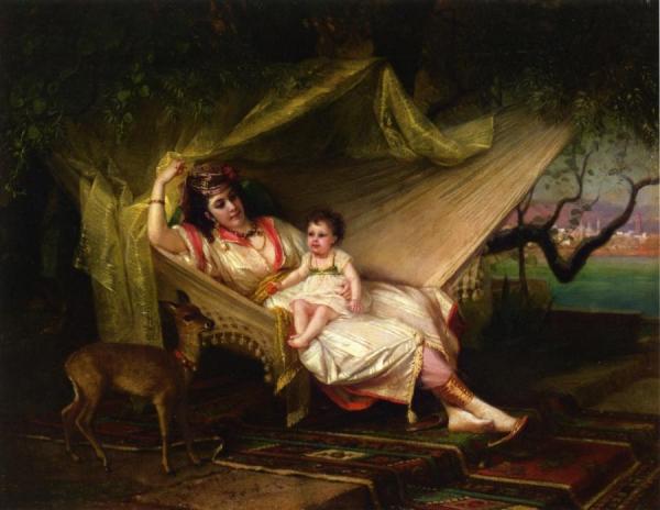 Clementine Stora And Her Daughter Lucie In An Interior, Constantinople by Constant Joseph Brochart