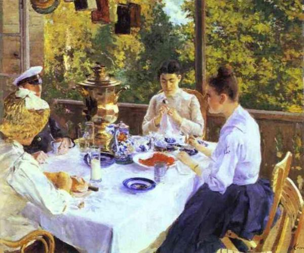 At A Tea Table. by Constantin Alexeevich Korovin