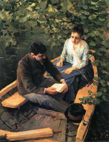In A Boat (portrait Of The Artist Maria Yakunchikova And Self-portrait) by Constantin Alexeevich Korovin