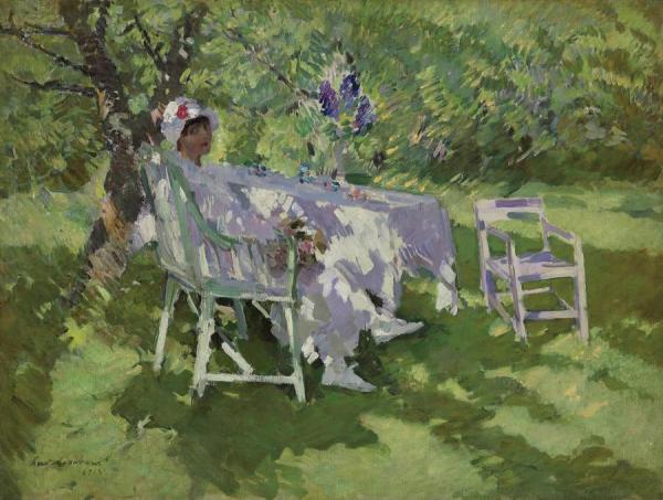 Woman In White Sitting In The Garden by Constantin Alexeevich Korovin