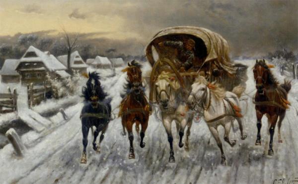 A Russian Caravan Racing In The Snow by Constantin Stoiloff