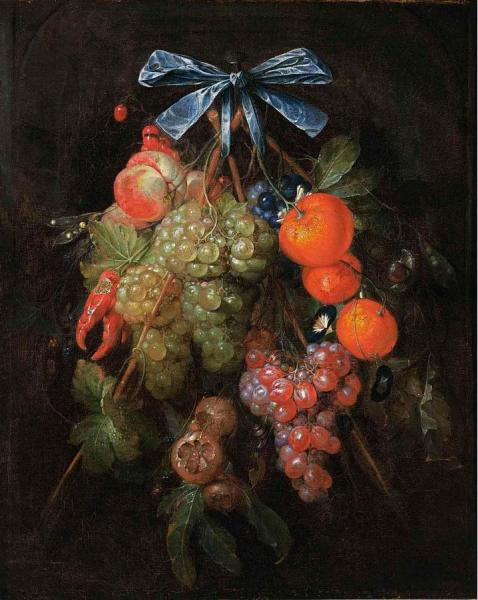 A Festoon Of Grapes, A Peach, Oranges, Cherries, Red Peppers, Etc. by Cornelis De Heem