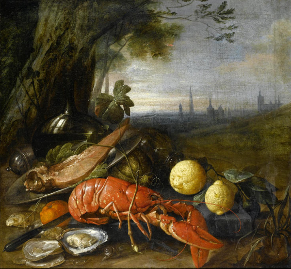 Cornelis De Heem Lemons With Oysters, A Lobster, Melons And A Bottle Of Wine At The Foot Of A Tree