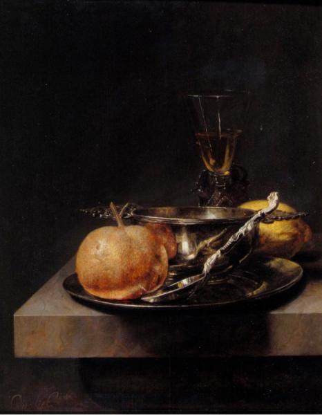 A Still Life Of A Silver Brandy Cup, A Silver Spoon, An Apple, A Lemon, Etc. by Cornelis Kick
