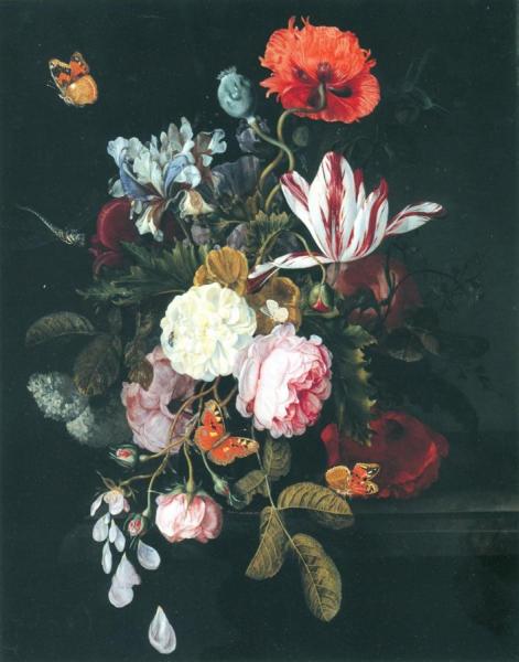 Still Life Of Flowers In A Vase With Four Butterflies by Cornelis Kick