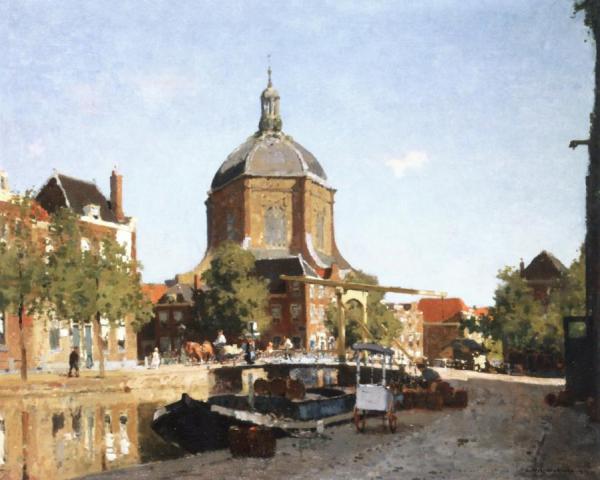 A View Of The Oude Singel With The Marekerk Beyond, Leiden by Cornelis Vreedenburgh