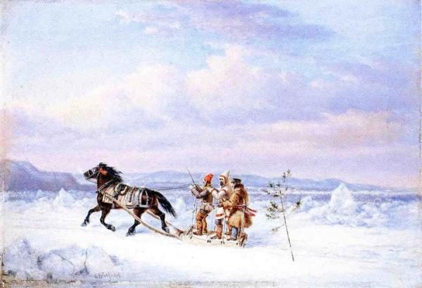 Huntsmen In Horsedrawn Sleigh by Cornelius Krieghoff