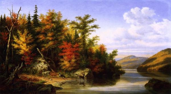 Landscape With Deer And Doe by Cornelius Krieghoff