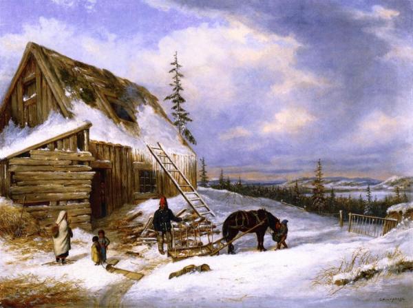 Log Cabin, Winter Scene, Lake St. Charles by Cornelius Krieghoff