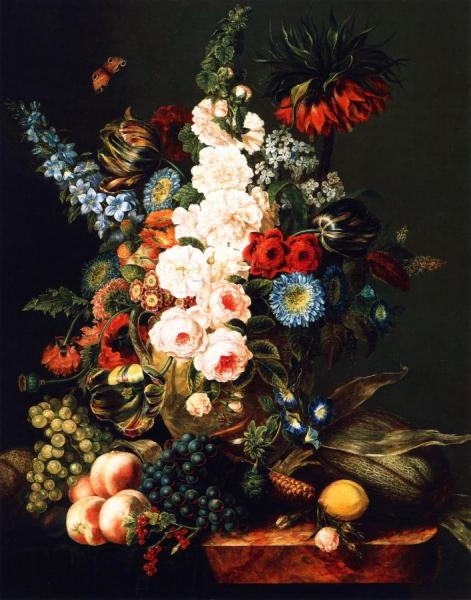 Still Life With Flowers, Fruit And Corn by Cornelius Krieghoff