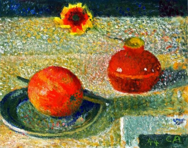 Still Life With Vase And Flower, Plate With Apple And Fruit Knife by Cuno Amiet