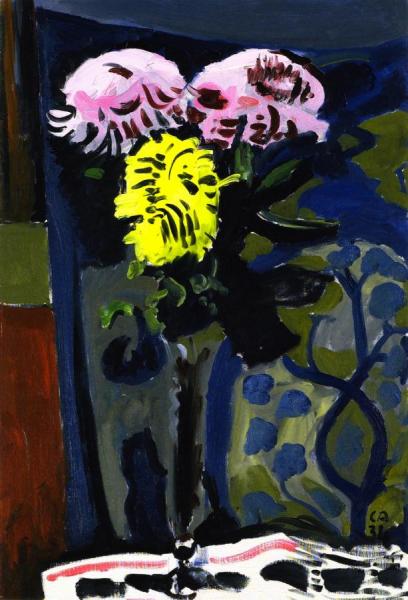 Three Chrysanthemums In A Tall Vase by Cuno Amiet