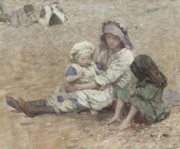Children On The Beach by Dame Laura Knight Oil Painting Reproductions