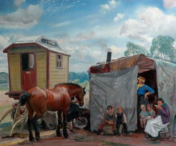 Gypsies, Caravan And Pony by Dame Laura Knight