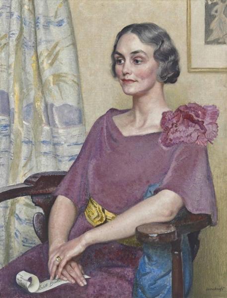 Portrait Of Edith Broster, Seated Three-quarter Length, In A Pink Dress by Dame Laura Knight