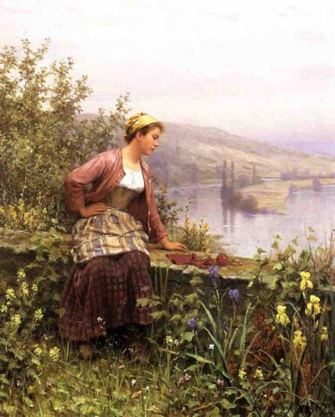 Brittany Girl Overlooking Stream by Daniel Ridgway Knight
