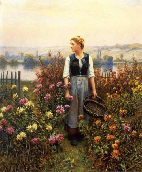 Girl With A Basket In A Garden by Daniel Ridgway Knight
