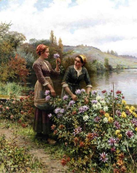 Peasant Girls In Flower Garden by Daniel Ridgway Knight