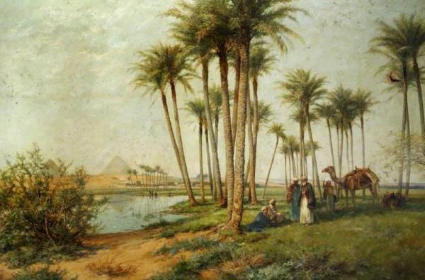 Bedouin At An Oasis With Pyramids by David Bates