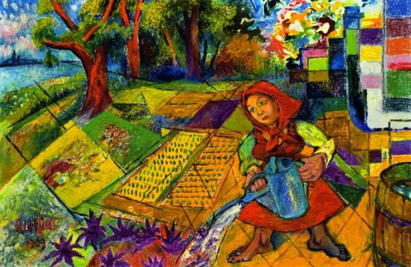 Woman With Watering Can by David Davidovich Burliuk Oil Painting Reproductions