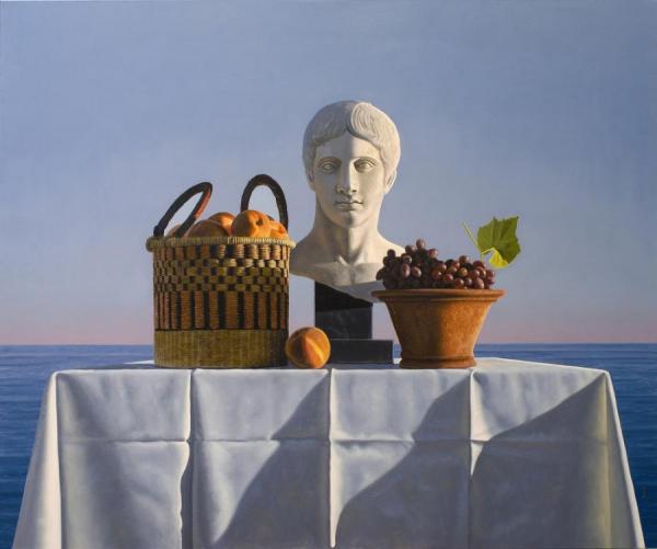 Still Life With Peaches,grapes And Bust by David Ligare