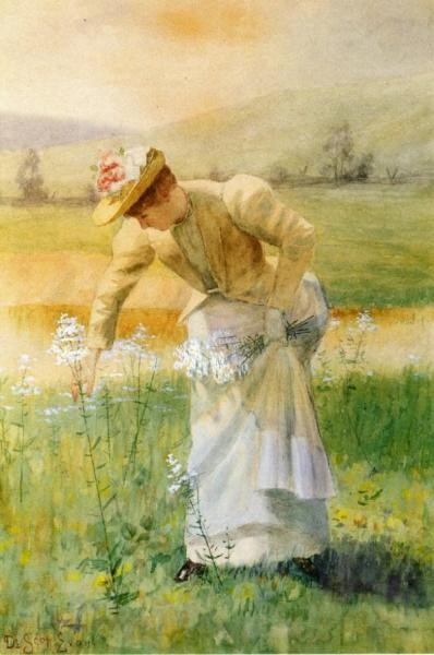 Woman Picking Flowers by De Scott Evans