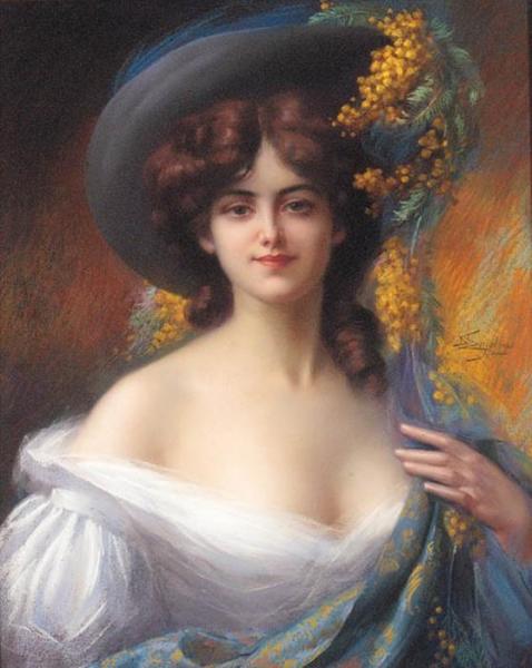 A Young Beauty In A Hat Decorated With Yellow Flowers by Delphin Enjolras
