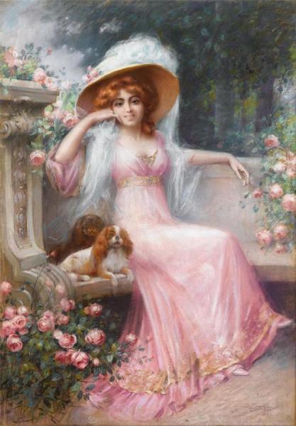 Lady In Pink With Her King Charles Spaniels by Delphin Enjolras Oil Painting Reproductions