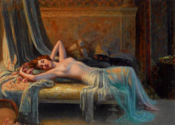Reclining Nude With A Bouquet Of Roses by Delphin Enjolras