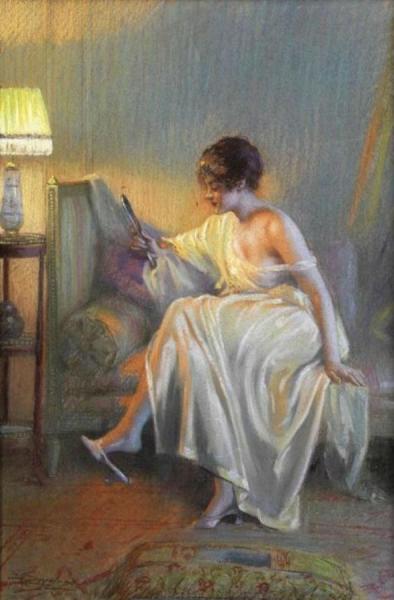 Young Woman On The Sofa With A Hand Mirror by Delphin Enjolras Oil Painting Reproductions