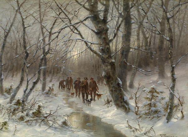 Hunters In A Winter Forest by Desire Thomassin-renardt Oil Painting Reproductions