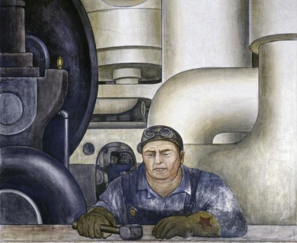 Detroit Industry,west Wall (detail) Worker With Red Star On Glove by Diego Rivera Oil Painting Reproductions