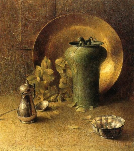 Still Life With Pewterware And Brass Bowl by Dines Carlsen
