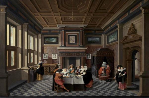 An Interior With Ladies And Gentlemen Dining by Dirck Van Delen Oil Painting Reproductions