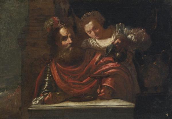 Domenico Fetti A Bearded Man And A Woman Pouring Wine, Possibly Judith And Holofernes