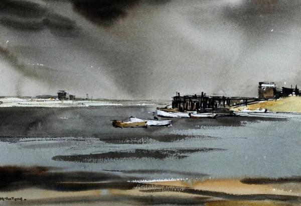 Boats At A Jetty by Donald Mcintyre Oil Painting Reproductions