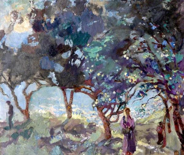 Mediterranean Scene With Olive Trees And Figures By The Sea by Duncan Grant