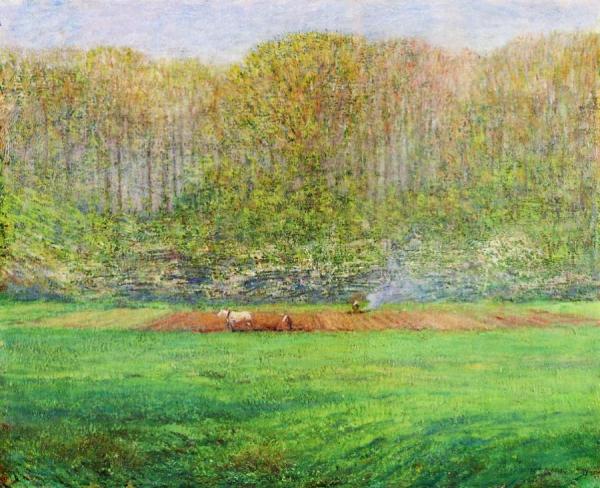 Dwight W. Tryon Spring Landscape With A Farmer And White Horse