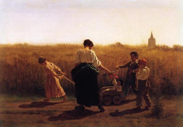 Eastman Johnson Copy After Jules Breton's 'le Depart Les Champs'