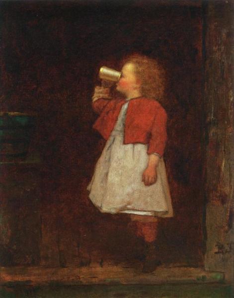 Little Girl With Red Jacket Drinking From Mug by Eastman Johnson Oil Painting Reproductions