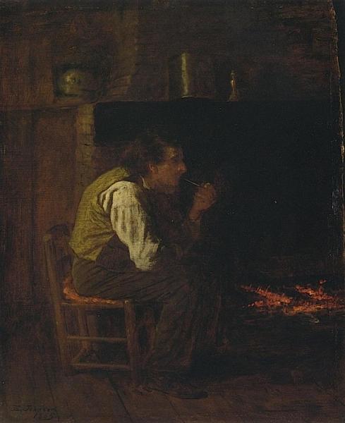 Maine Interior - Man With Pipe by Eastman Johnson