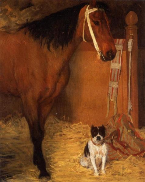 At The Stables, Horse And Dog by Edgar Degas