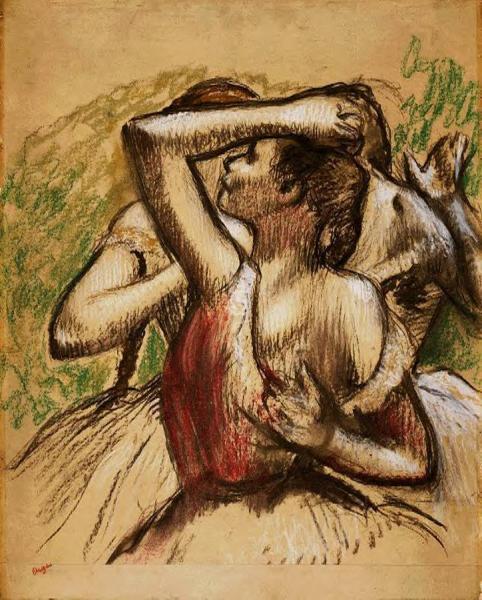 Three Ballet Dancers, One With Dark Crimson Waist by Edgar Degas