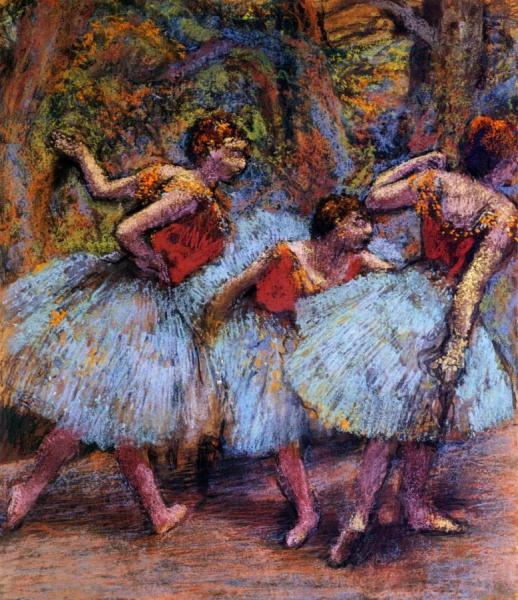 Three Dancers, Blue Skirts, Red Blouses by Edgar Degas