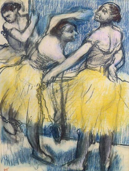 Three Dancers In Yellow Skirts by Edgar Degas